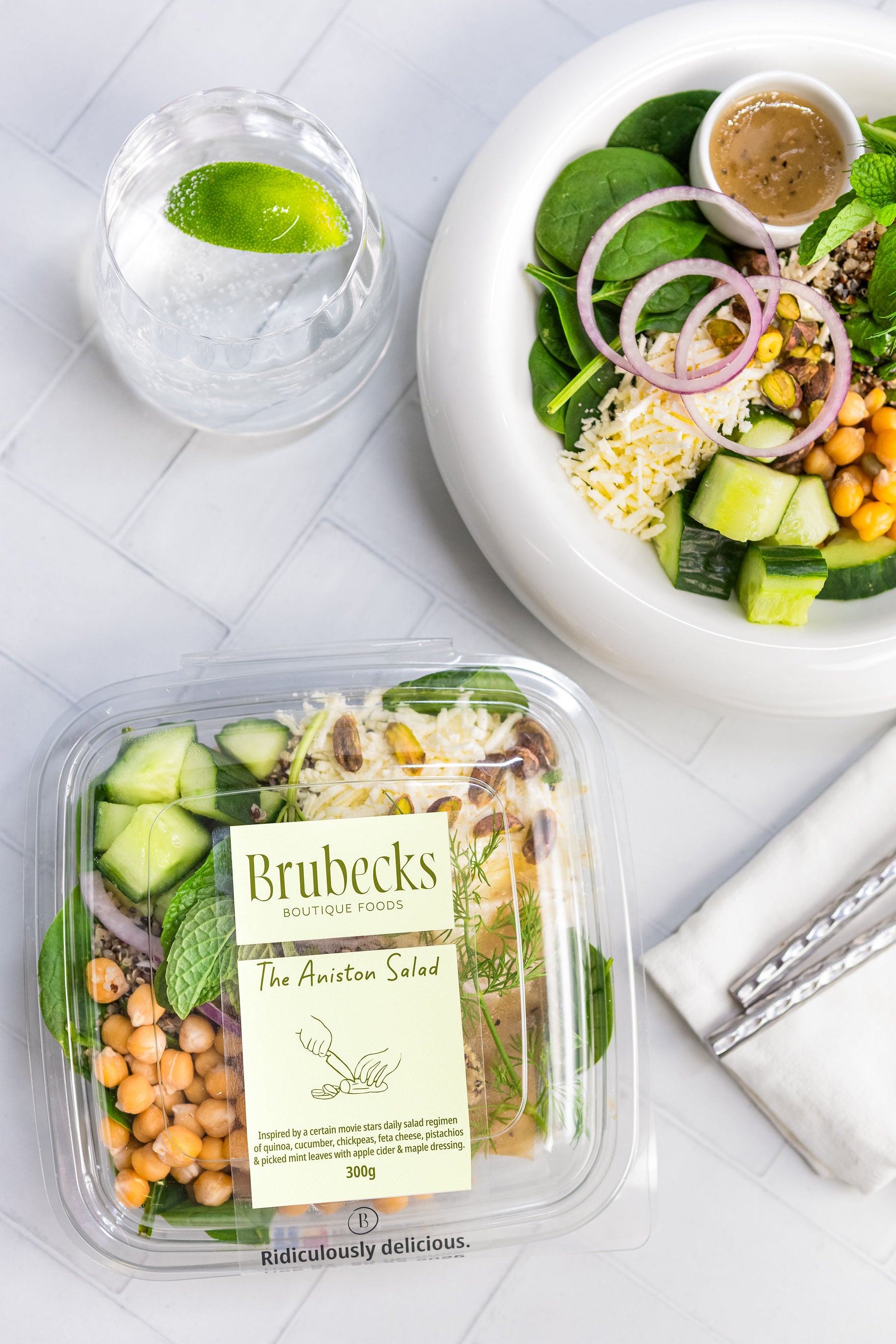 Brubeck's salad packaging with a prepared salad on a white surface