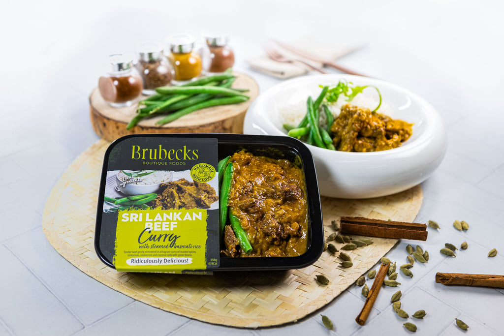 Brubecks Sri Lankan Curry package on a wooden board with ingredients