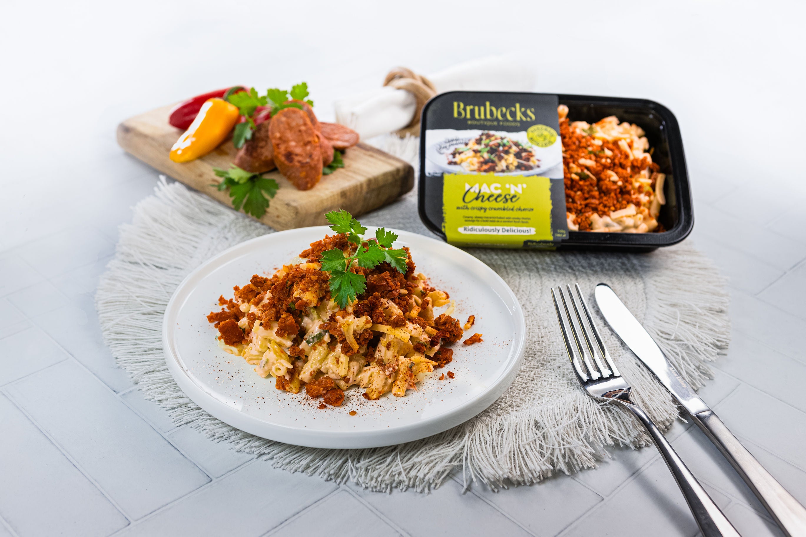 Plated dish of food with a Brubeck's product packaging on a white surface