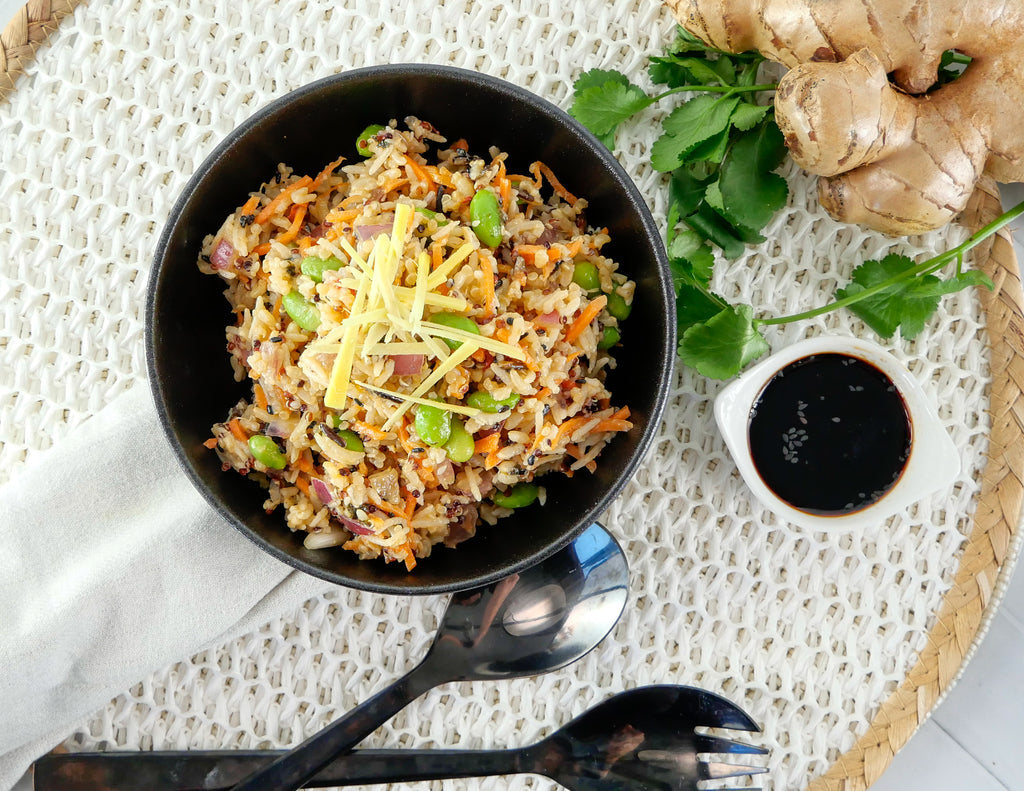 Edamame Rice Salad with Ginger Miso & Seafood Flakes