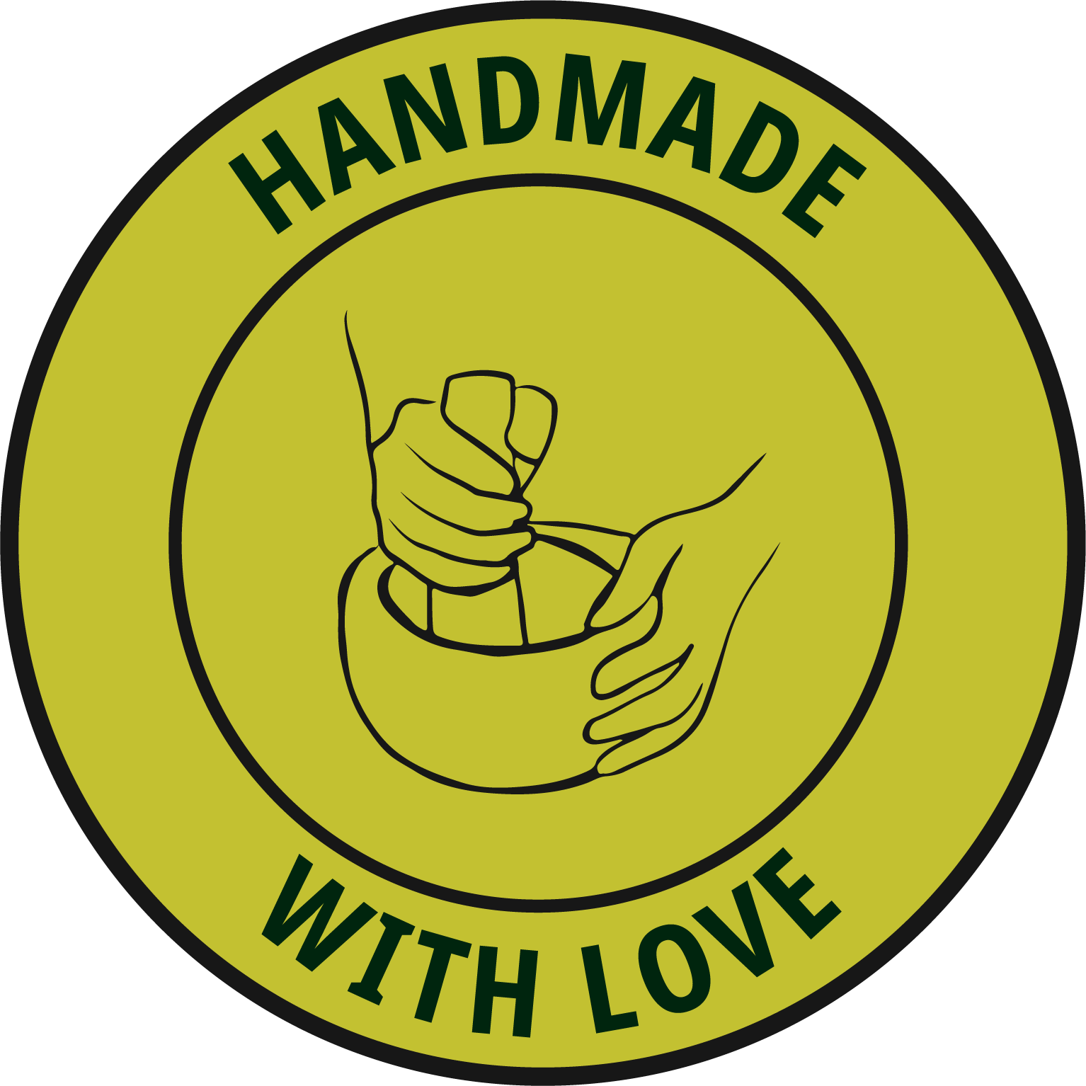 Circular Brubeckslogo with hands holding a bowl and the text 'Handmade with Love' on a green background