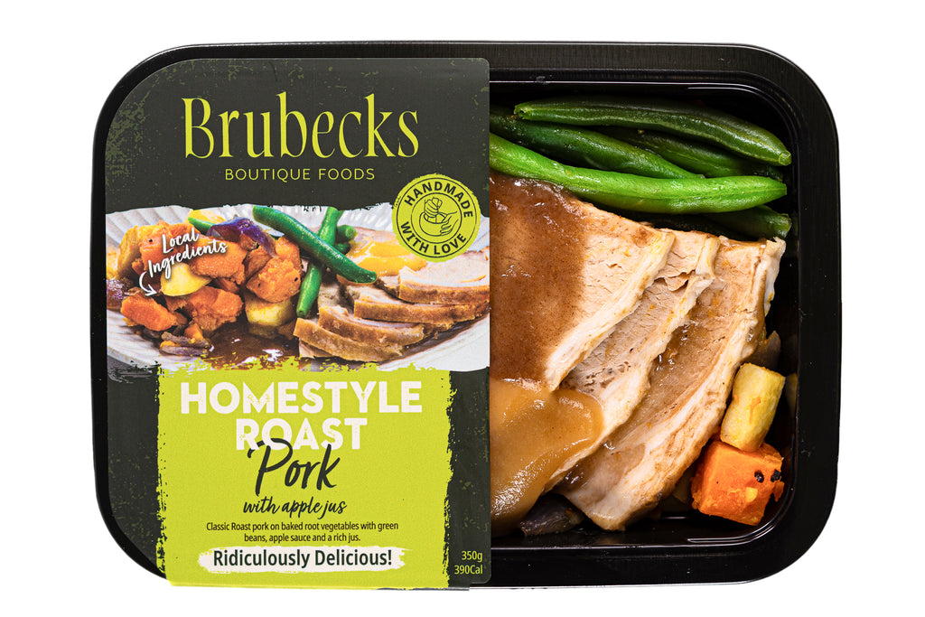 Brubecks homestyle roast pork dish with vegetables in a black packaging tray.