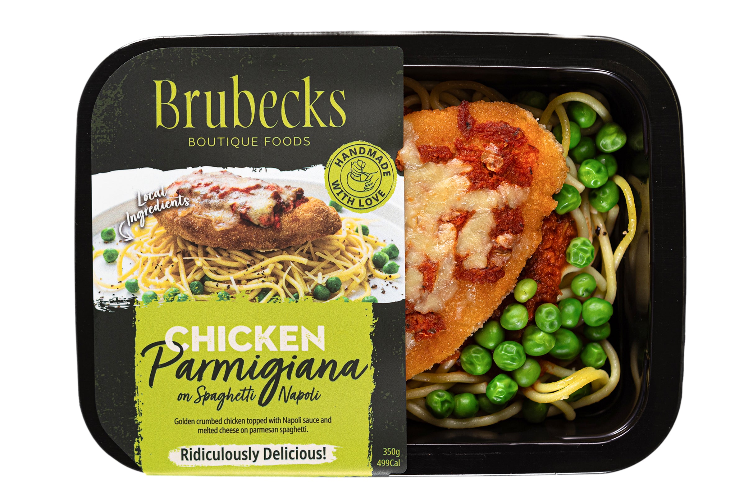 Brubecks Chicken Parmigiana meal packaging with pasta and peas on a white background
