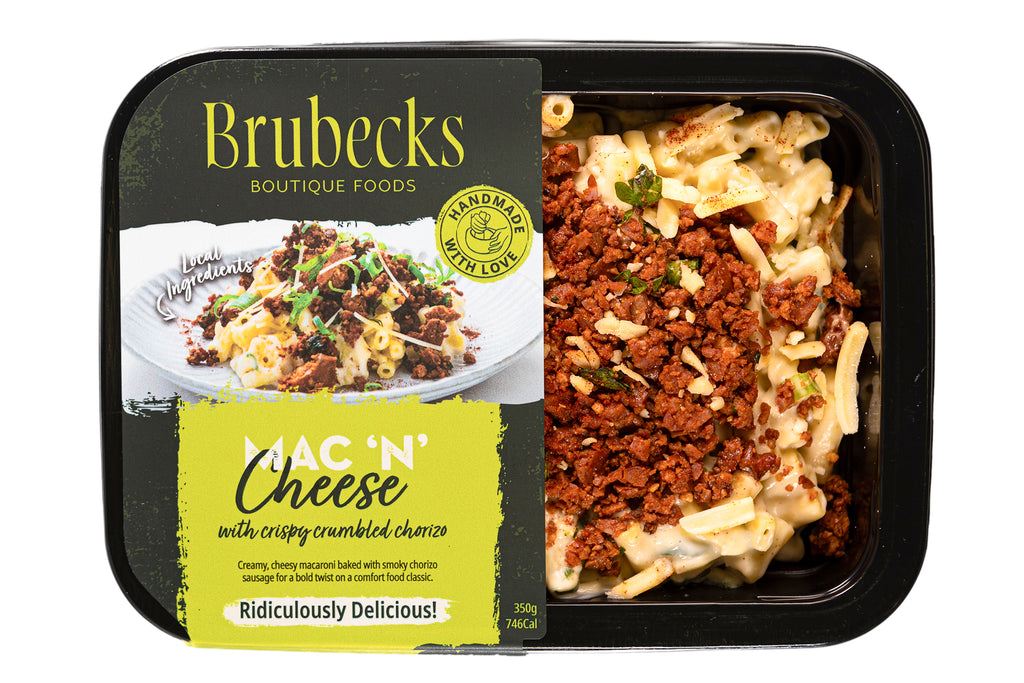 Brubecks mac 'n' cheese with crumbled chorizo packaging on a white background