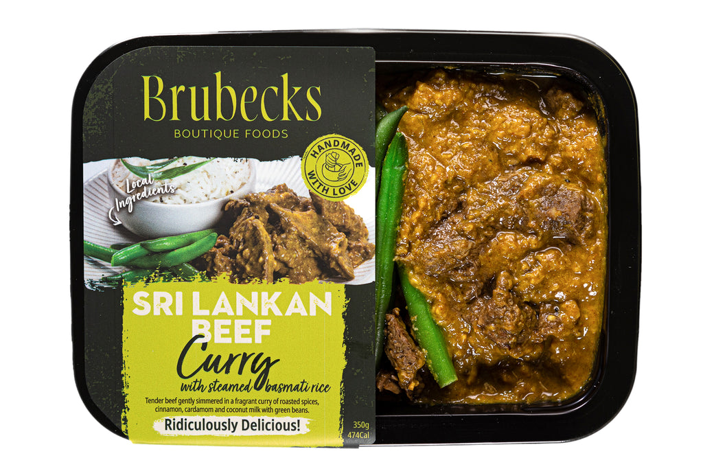 Brubecks Sri Lankan Beef Curry packaging with curry and rice on a white background