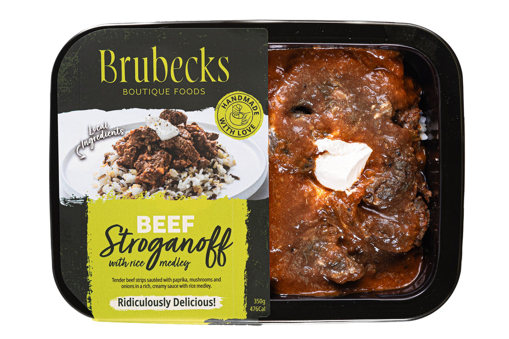 Brubecks Beef Stroganoff with rice medley packaging on a white background