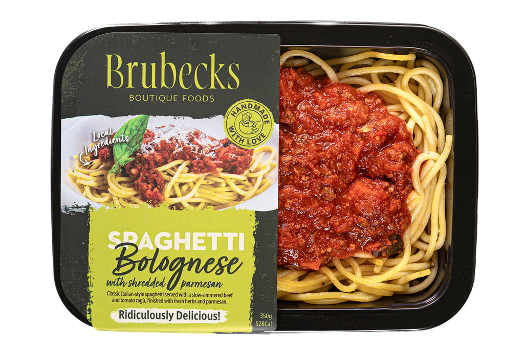 Brubecks Spaghetti Bolognese packaging with spaghetti and sauce inside a black tray.
