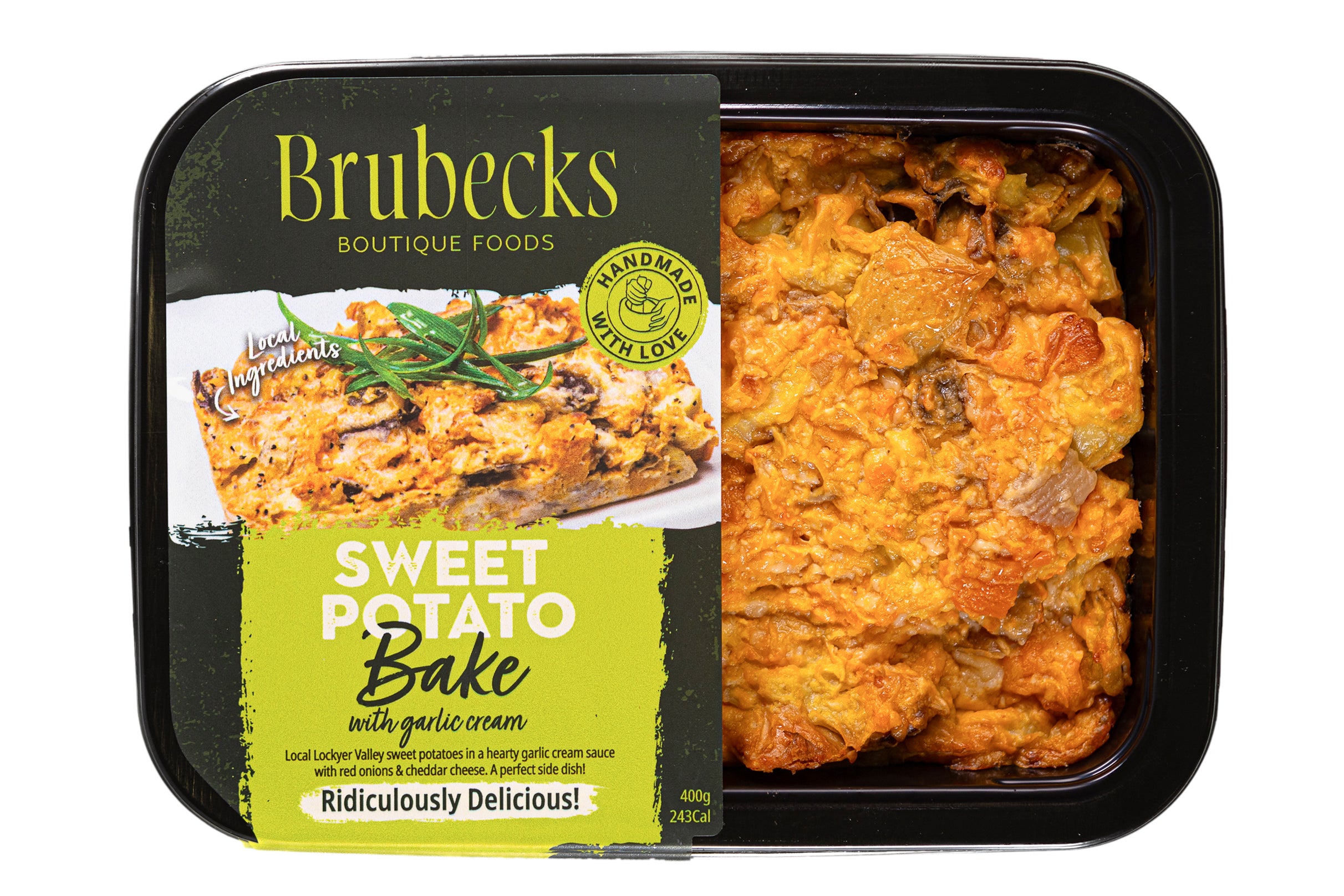 Brubecks Sweet Potato Bake with garlic cream in a black packaging container.