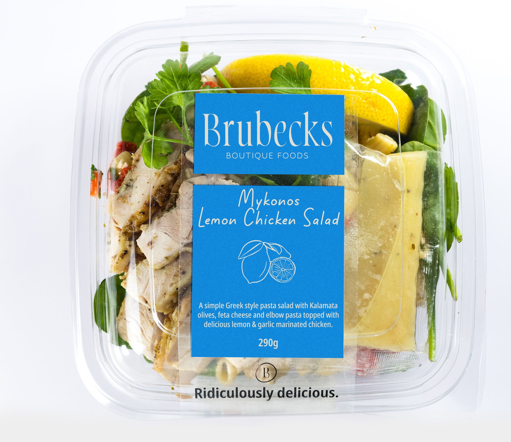 Brubecks Mykonos Lemon Chicken Salad packaging with a blue label on a white background