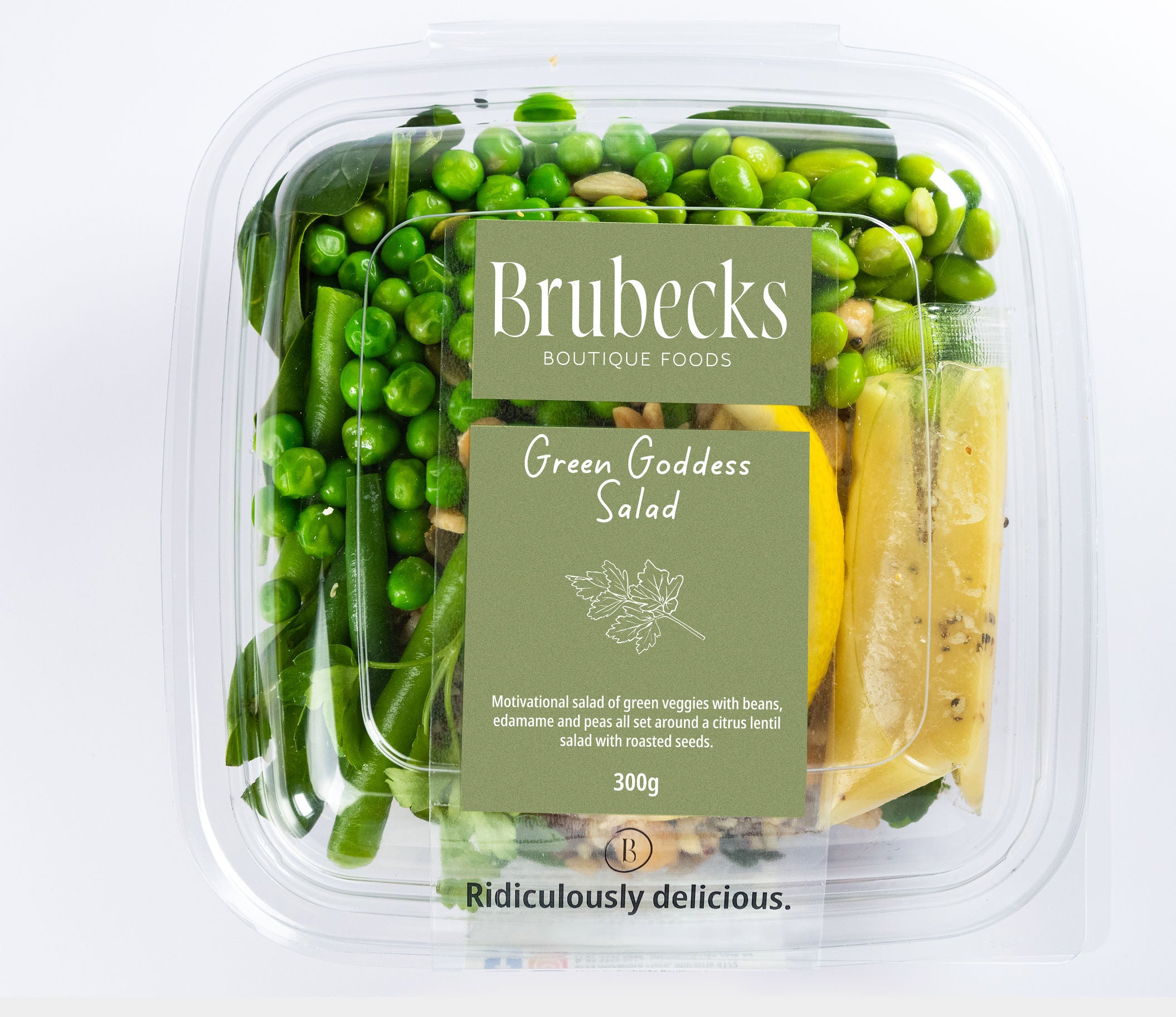 Brubecks Green Goddess Salad packaging with green vegetables and a label on a white background