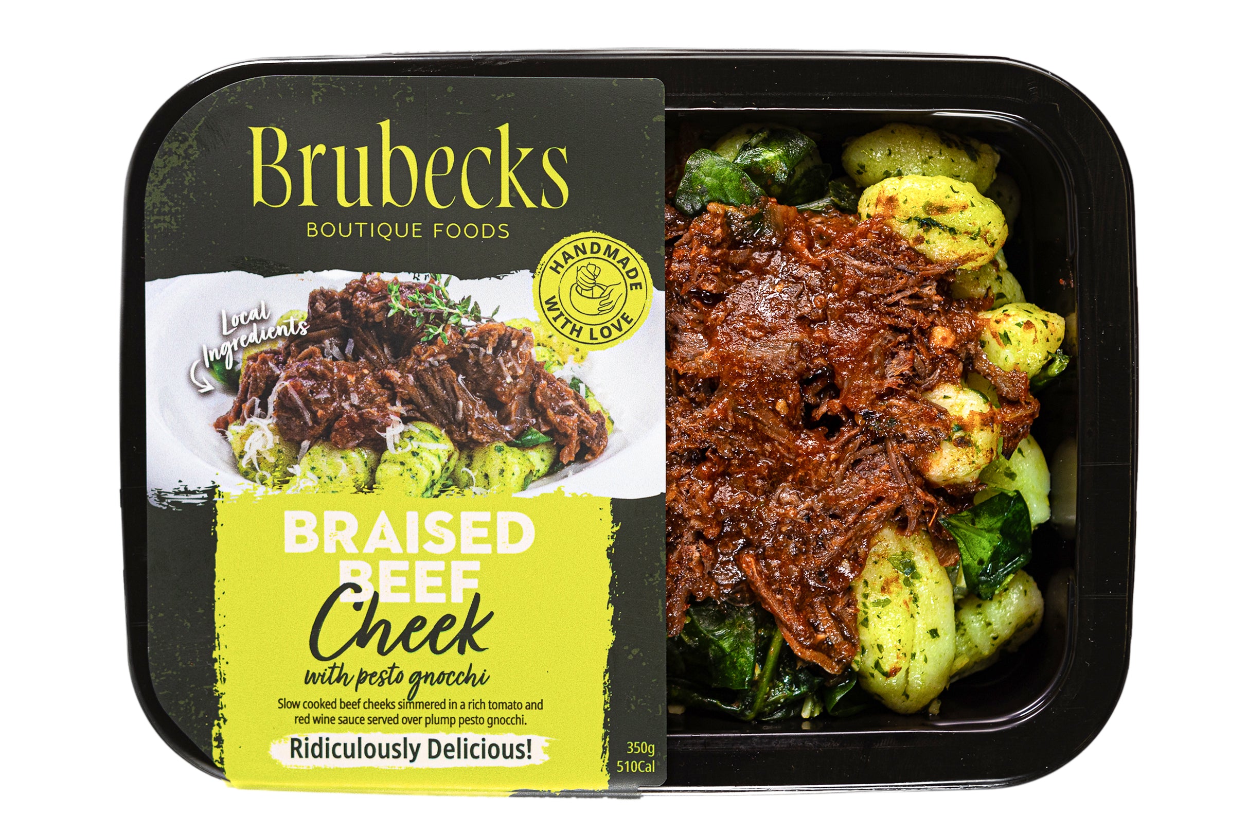 Brubecks Braised Beef Cheek dish with vegetables on a black tray