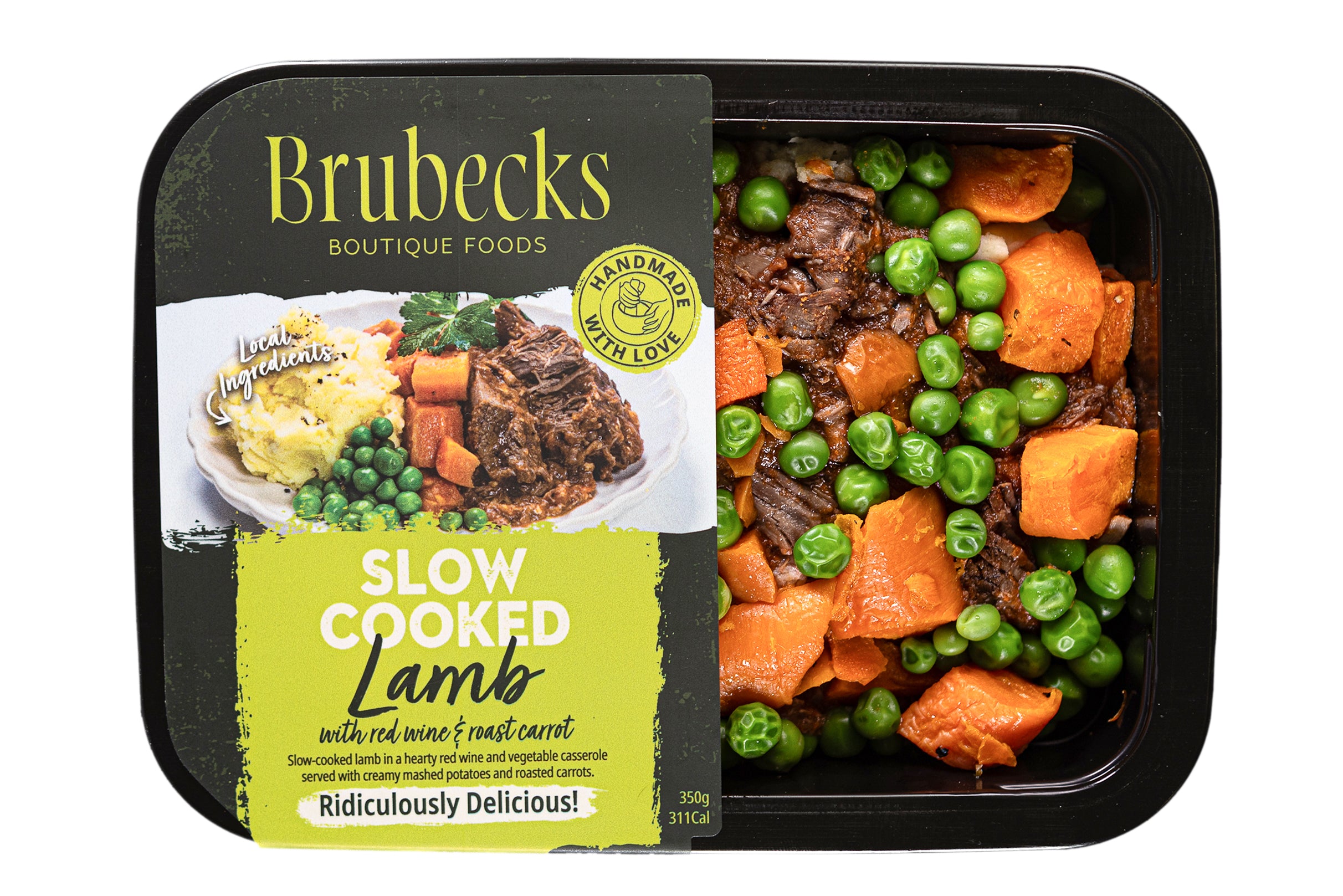 Brubecks slow cooked lamb dish with carrots and peas in a black packaging container.