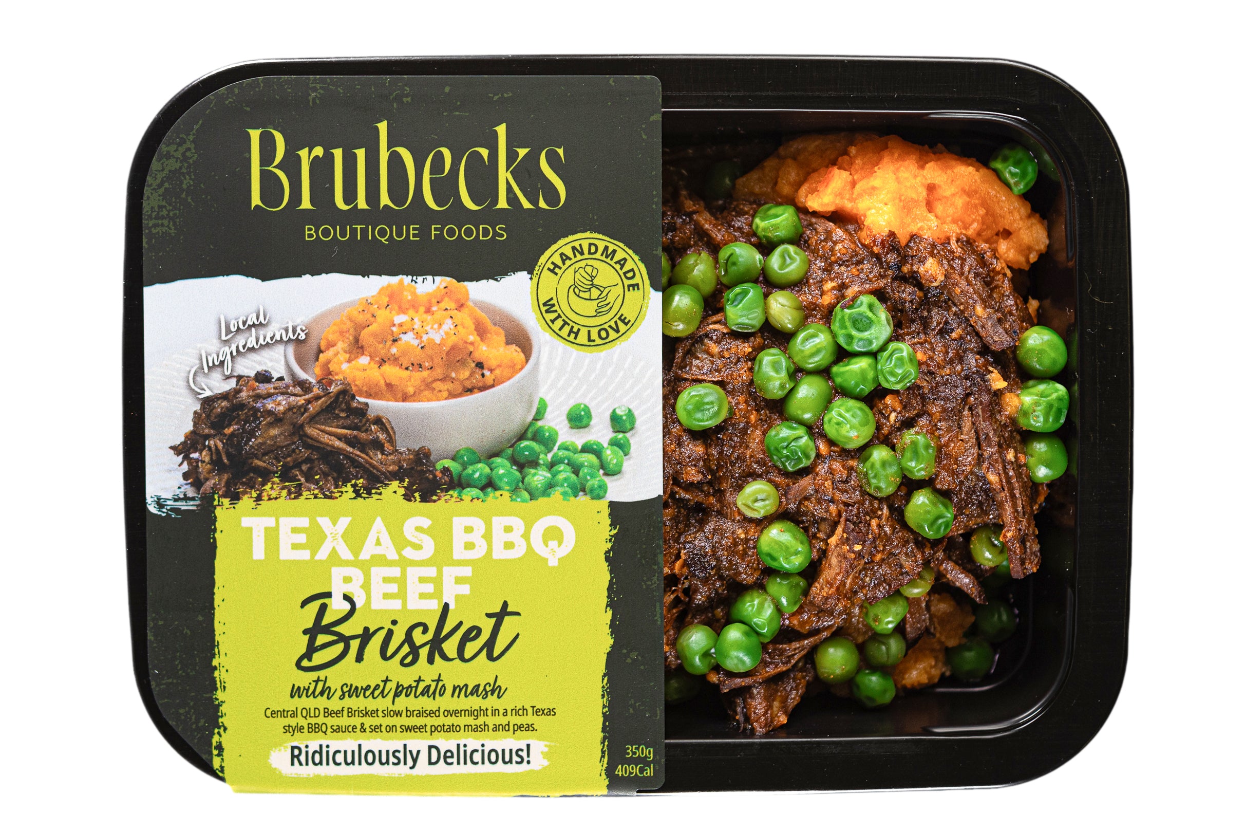 Brubecks Texas BBQ Beef Brisket dish with peas in a black packaging tray.
