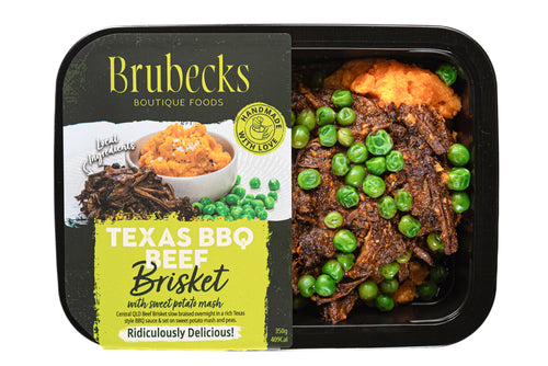 Brubecks Texas BBQ Beef Brisket dish with peas in a black packaging tray.