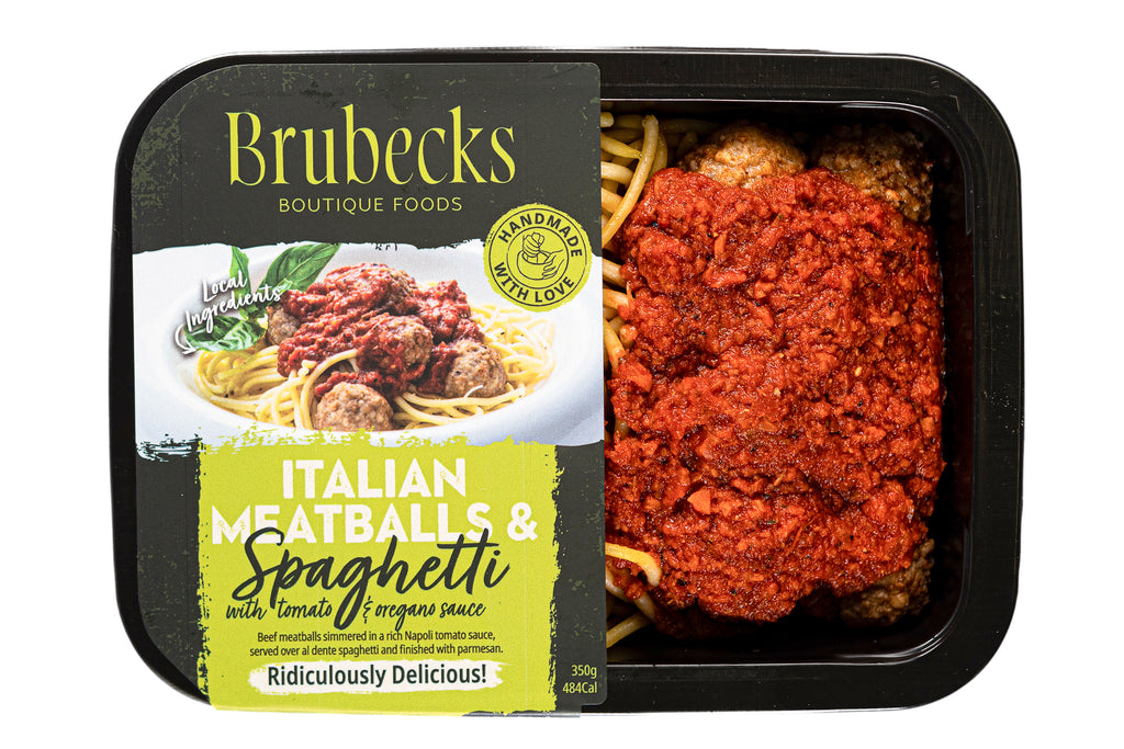 Brubecks Italian Meatballs & Spaghetti food package on a white background