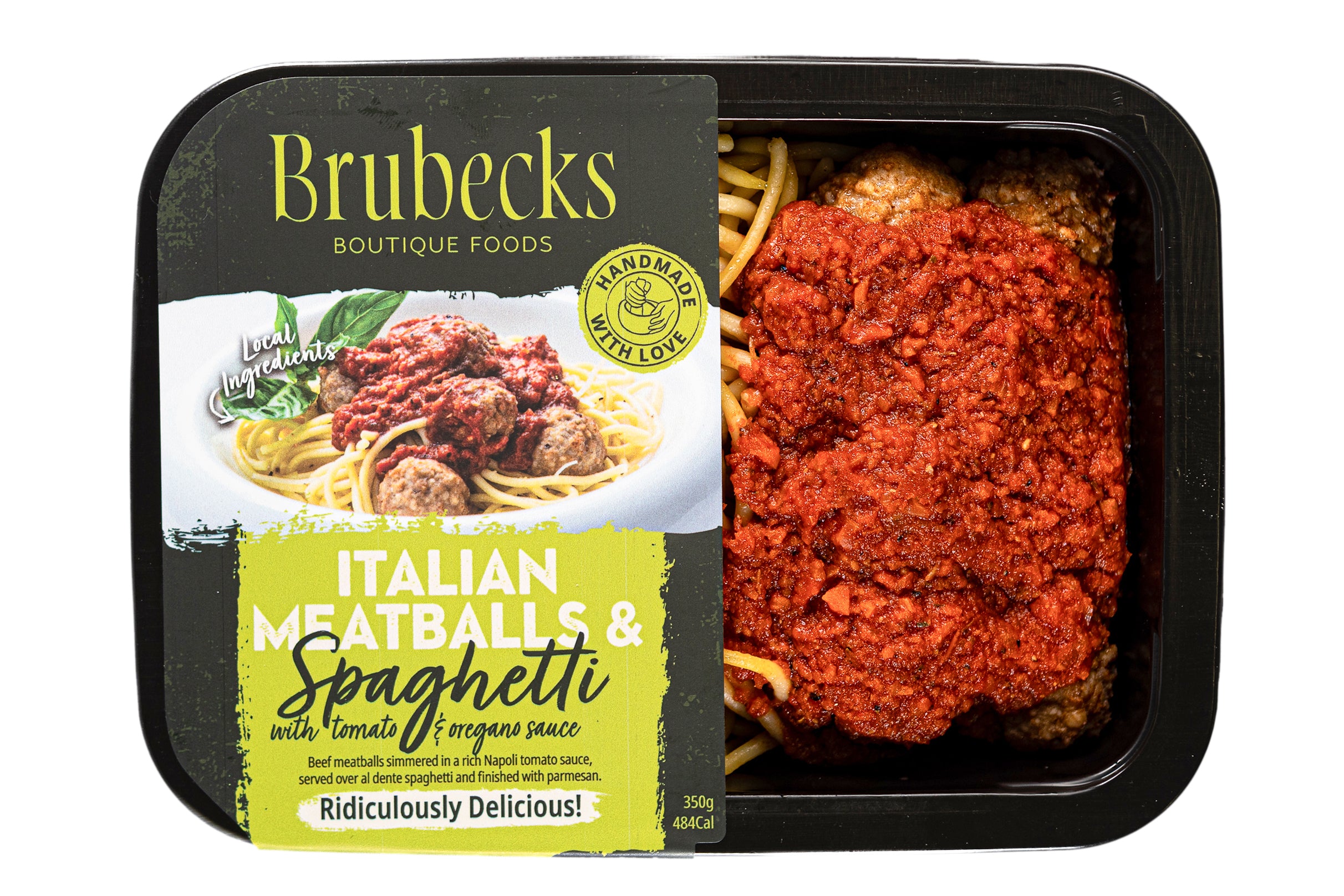 Brubecks Italian Meatballs & Spaghetti food package on a white background