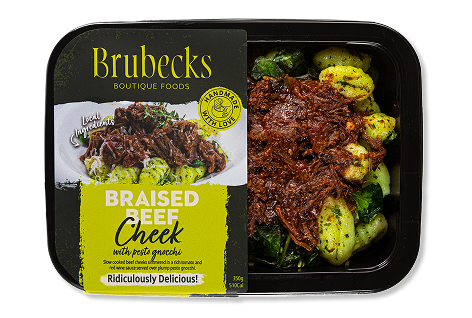 Brubecks Braised Beef Cheek dish in a black packaging container with visible beef and vegetables.