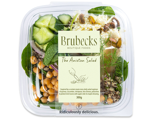 Brubecks boutique foods salad packaging with visible ingredients