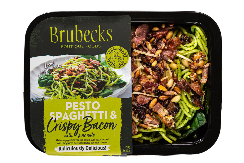 Brubecks Pesto Spaghetti & Crispy Bacon food package on a white background