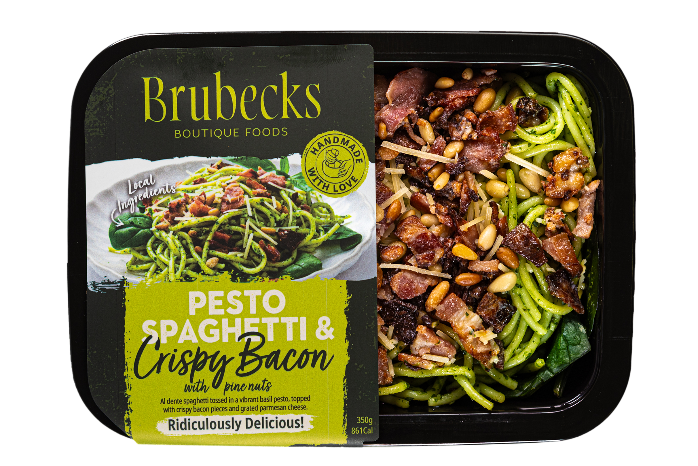 Brubecks Pesto Spaghetti & Crispy Bacon food package on a white background