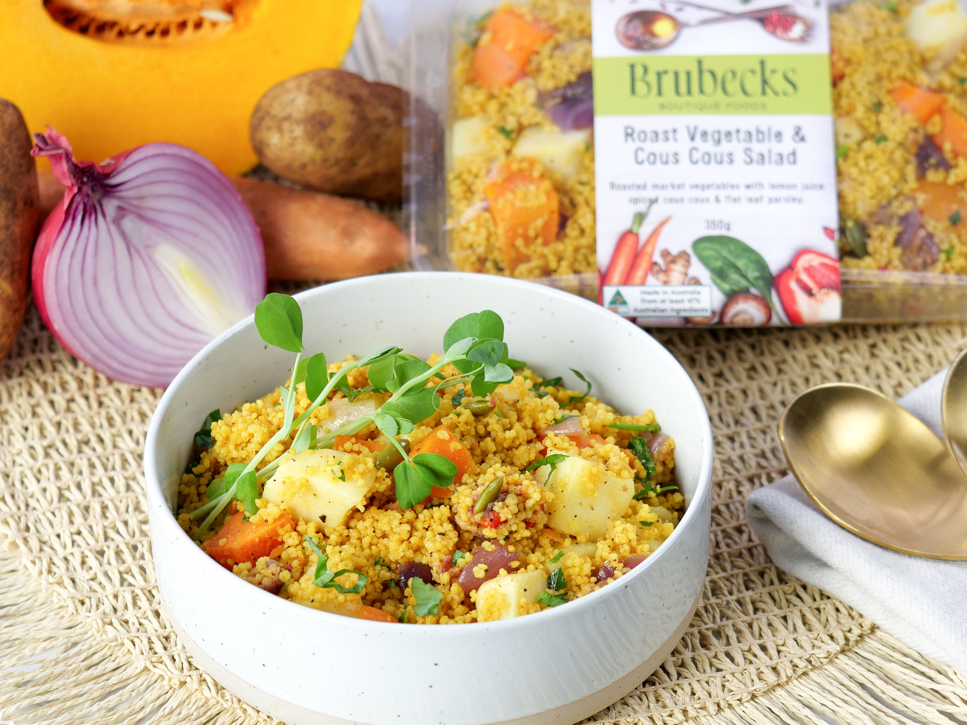Brubecks roasted vegetable and couscous salad in a bowl with packaging in the background