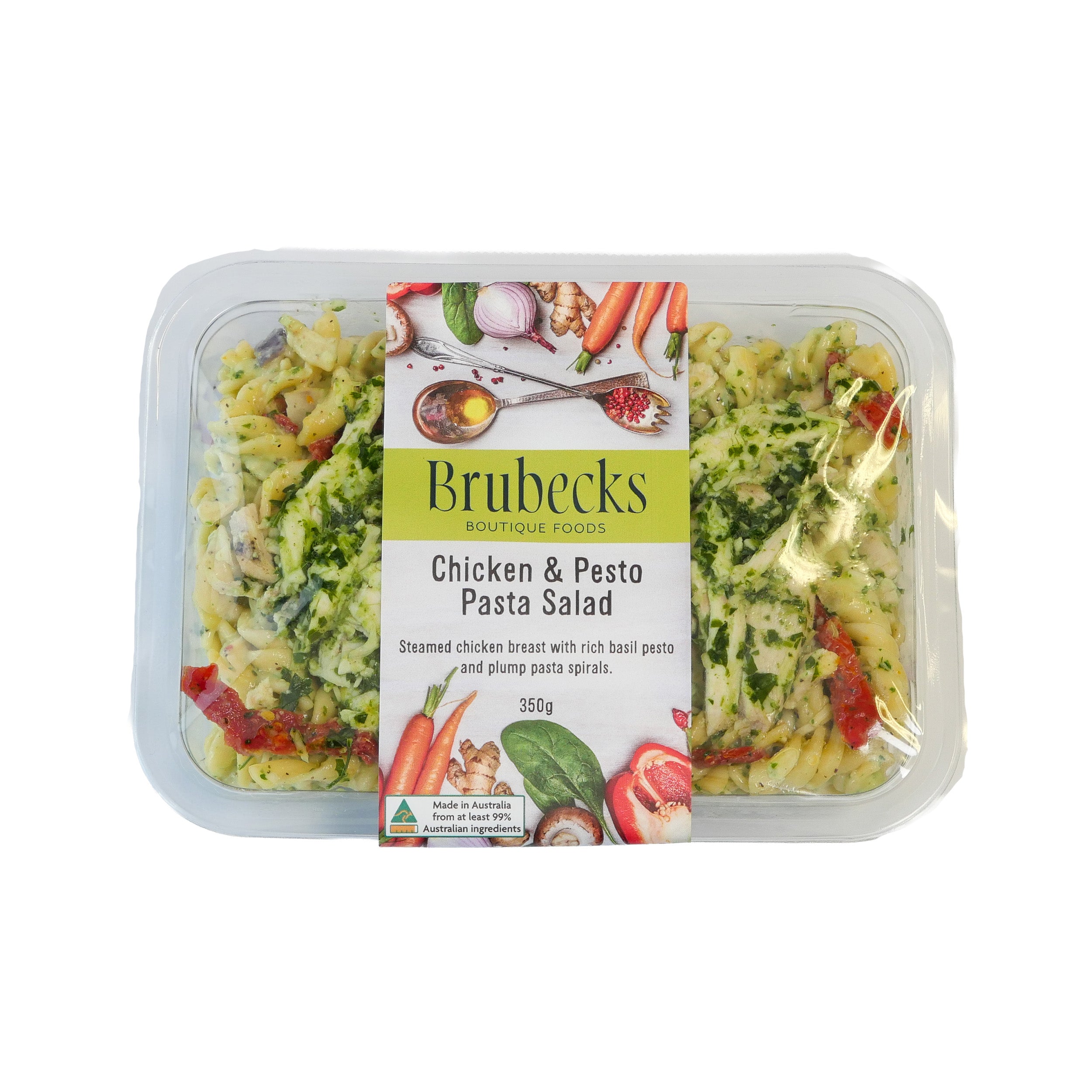 Brubecks Chicken & Pesto Pasta Salad packaging on a white background