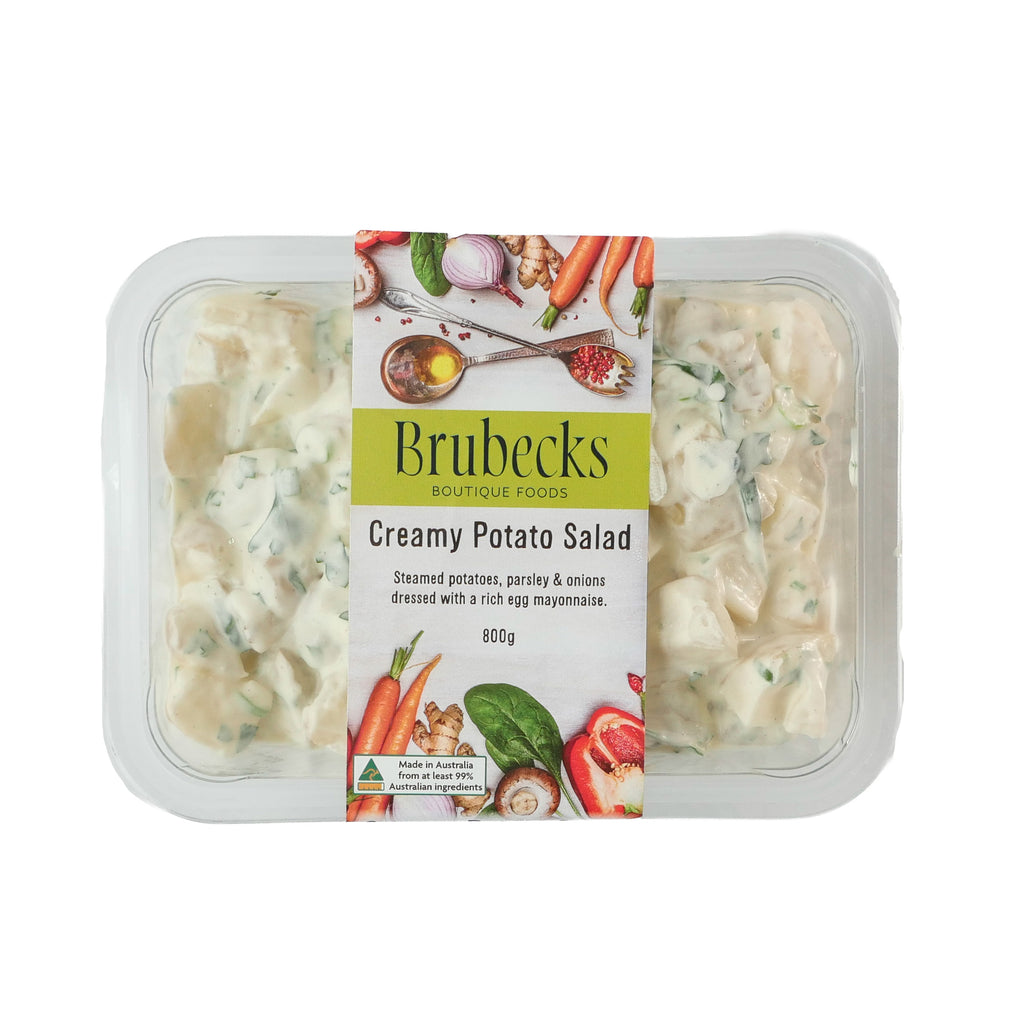 Packaged creamy potato salad with Brubecks branding on a white background