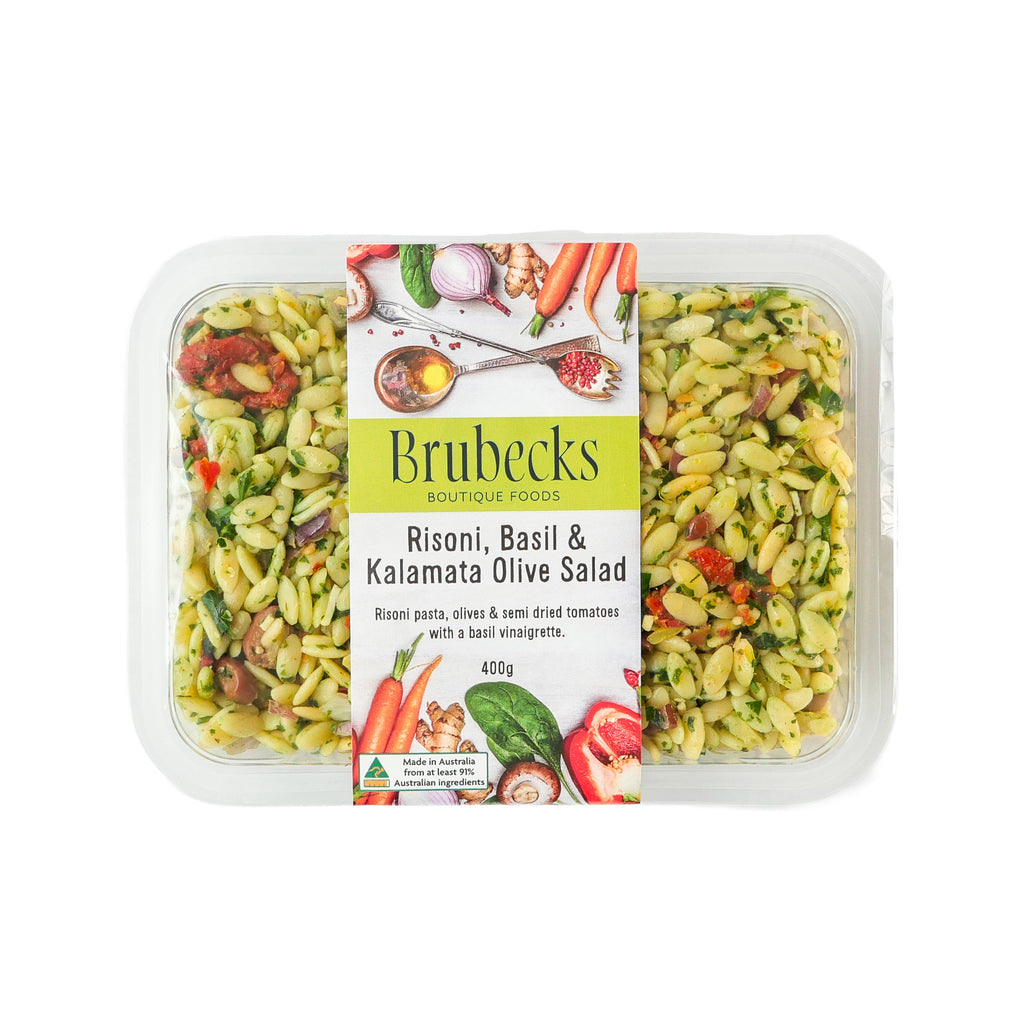 Brubecks Risomni Basil & Kalamata Olive Salad packaging on a white background