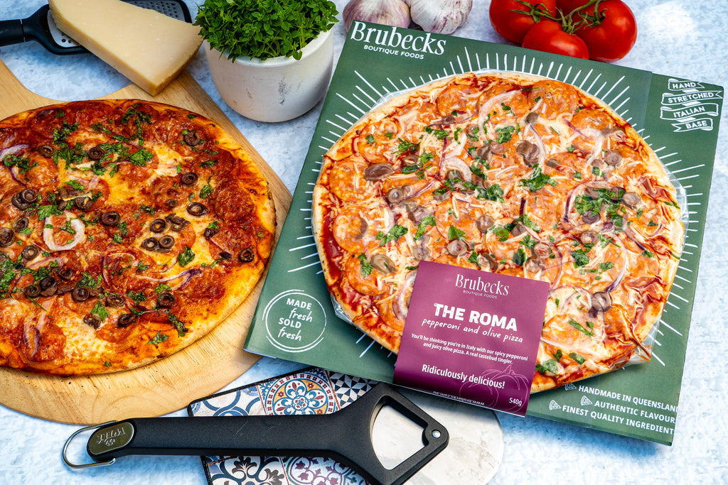 Brubecks pizza with packaging and ingredients on a table