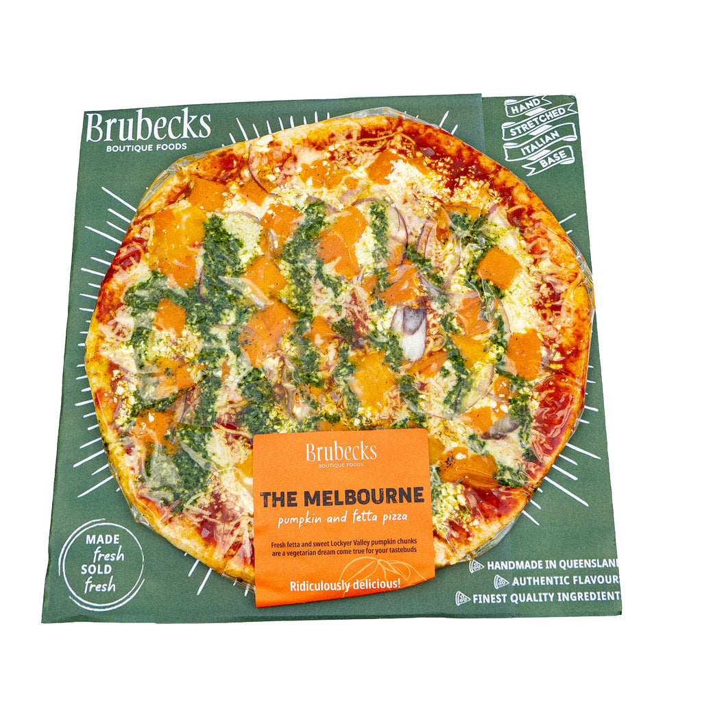 Brubecks pumpkin and fetta pizza packaging on a white background