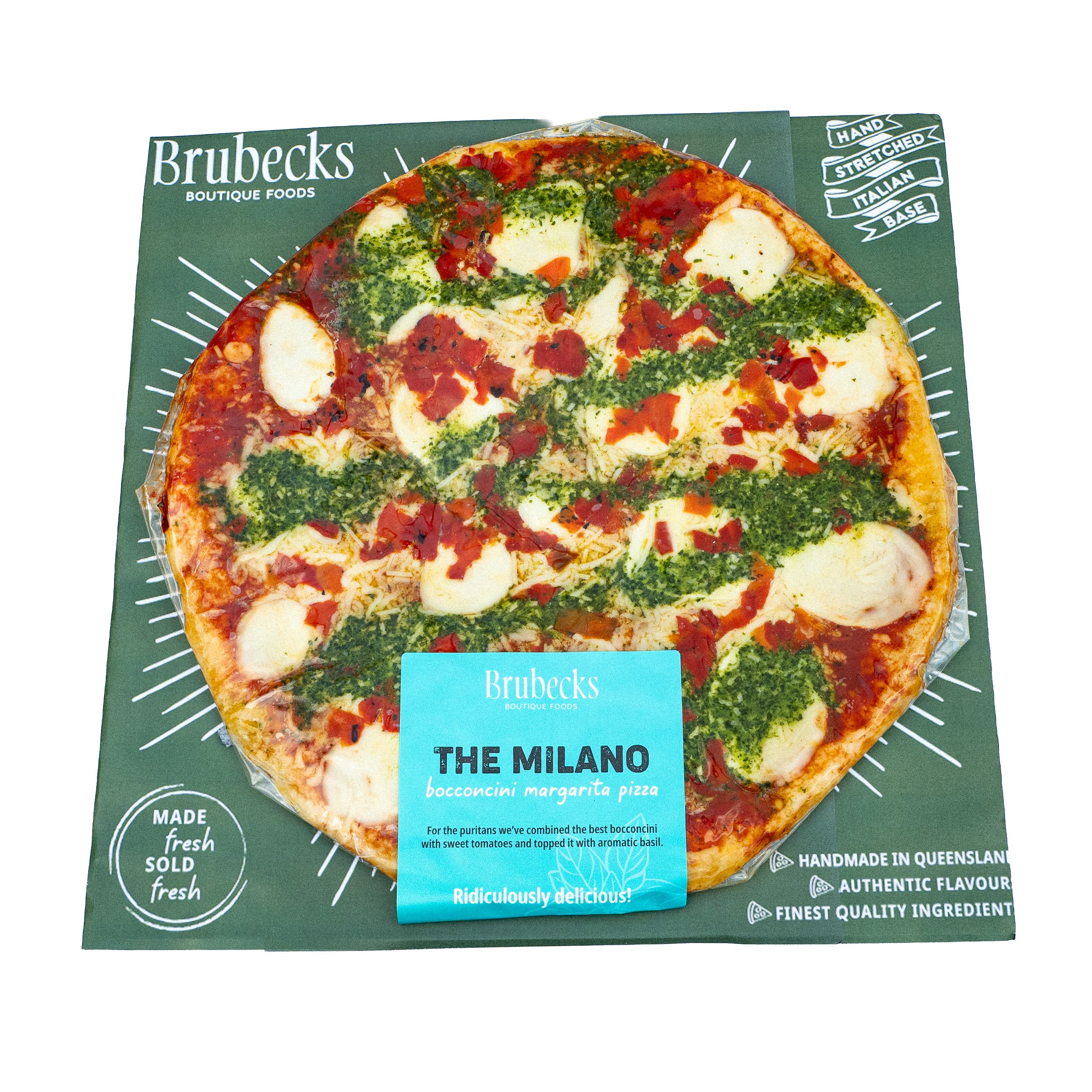 Brubecks The Milano pizza on a green packaging with brand details.