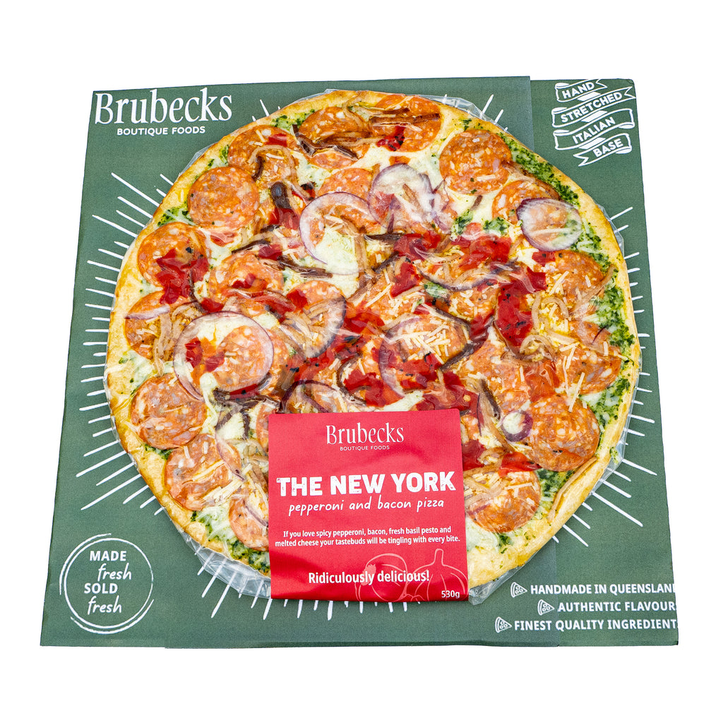Brubecks The New York pepperoni and bacon pizza packaging on a white background