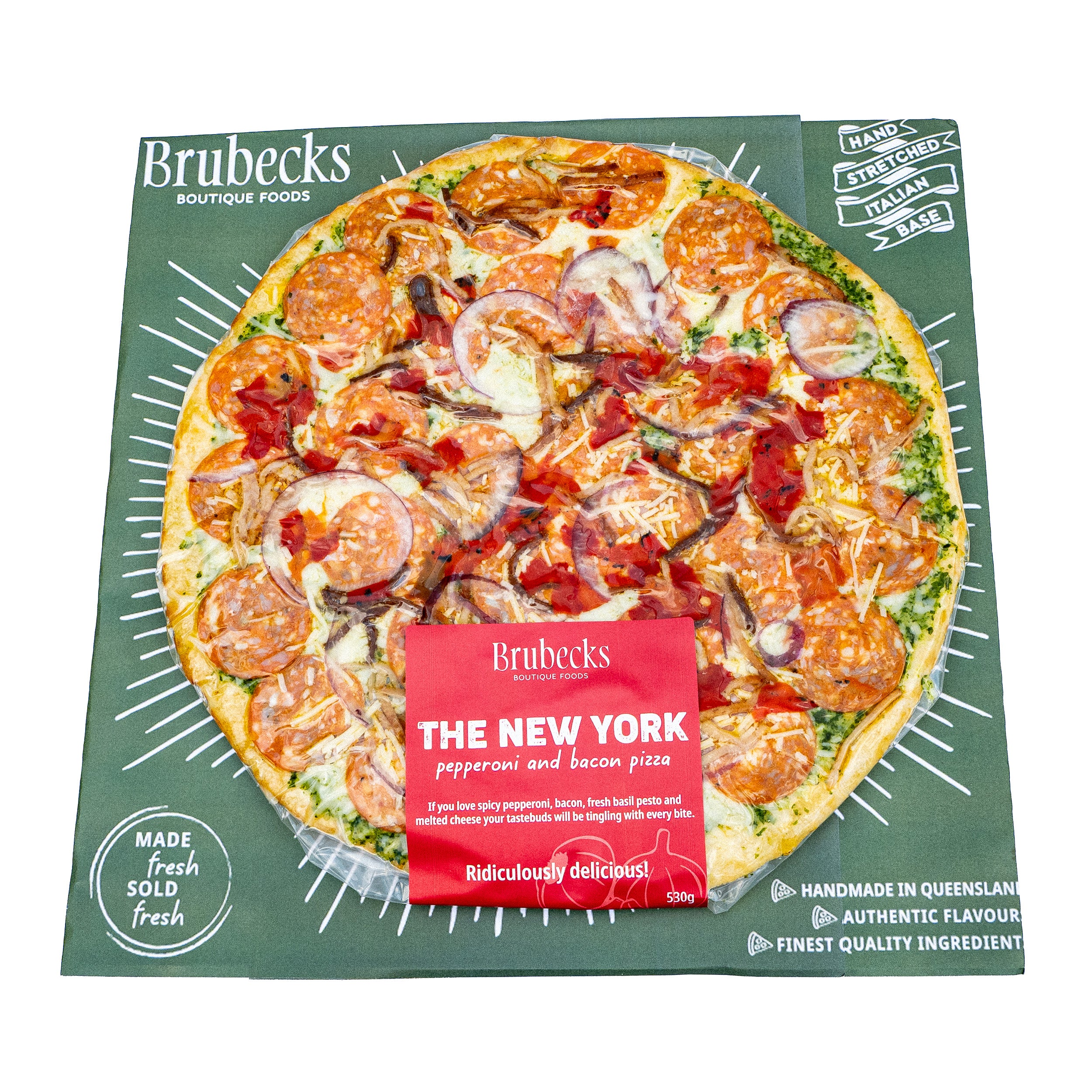 Brubecks The New York pepperoni and bacon pizza packaging on a white background