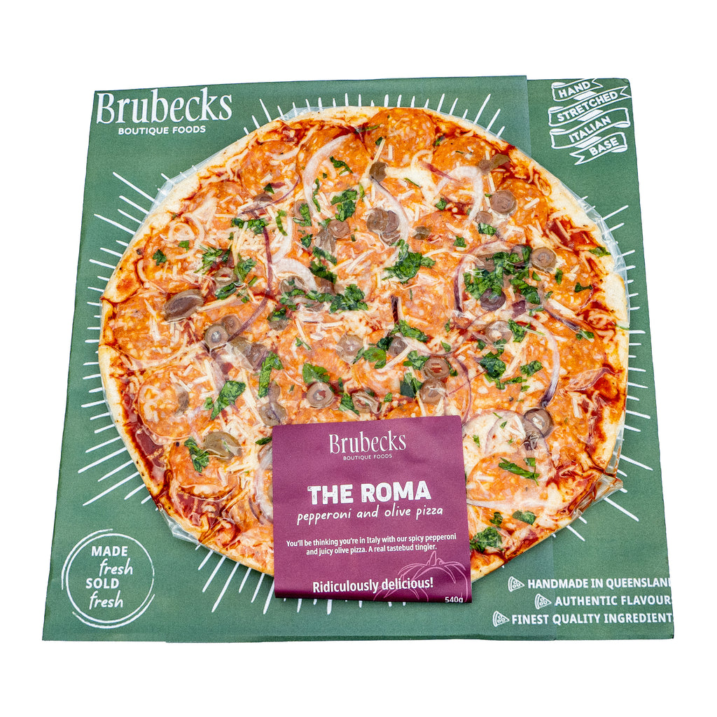 Brubecks The Roma pizza in packaging on a white background