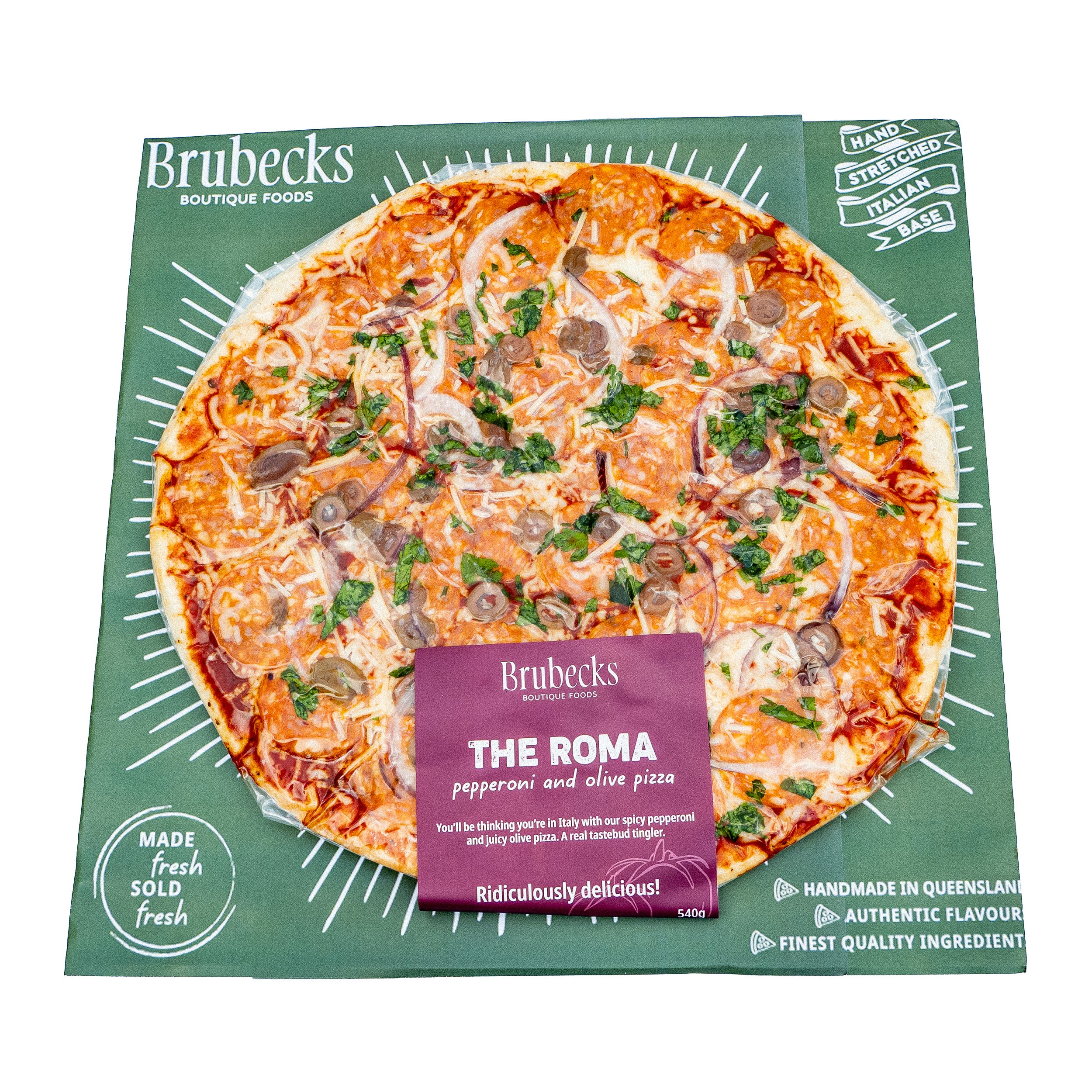Brubecks The Roma pizza in packaging on a white background
