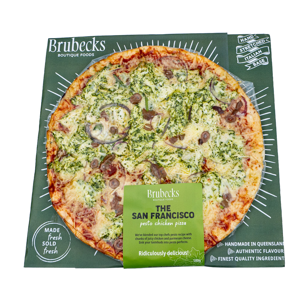 Brubecks San Francisco Pesto Chicken Pizza packaging on a white background